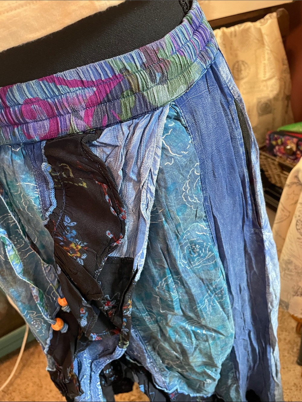 Boho Blue Patchwork Midi Skirt with Drawstring Waist Young Threads XL - Picture 15 of 16